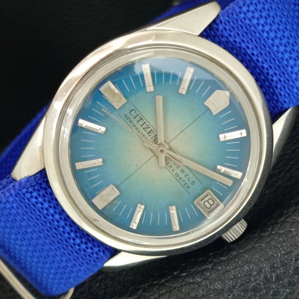 Vintage 1981 Citizen Manual Wound Mens Silver Watch W/Date & Teal accents